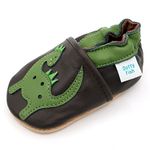 Dotty Fish Soft Leather Baby Shoes for Boys. Toddler Shoes. Non Slip. Green and Brown Shoe with Dinosaur Design, 12-18 Months, Green Dinosaur