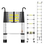 Rewing Telescopic Ladder Extendable Ladder 2.6M/8.53FT Stainless Steel Thickened High-Ladders extendable with Stabilizer Bar and Detachable Hooks, Multi Purpose Extendable for Roof Caravans Attic