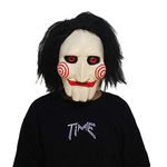 AENEY Scary Saw Mask, Halloween Puppet Jigsaw Mask Horror Full Head with Hair, Creepy Party Cosplay Costume Props (Saw-1)