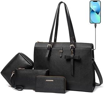 Keyli Laptop Bag for Women Large PU Leather Laptop Briefcase with USB Charging Port Computer Shoulder tote Bags Purse 4pc, Black, 16.7"W x 12.5"H x 6.5"D inch