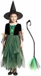 Witch Halloween Costumes for Girls Fairytale Cosplay Dress Up with Hat and Broom Green 4-6 Years