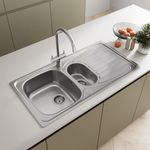 SÄUBER 950 x 500mm Stainless Steel Kitchen Sink Inset 1.5 Bowl, Reversible Drainer, Inset Drop in Installation, Free Kitchen Strainer Wastes for Sinks