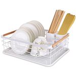 SAMTEK Dish Drying Rak with Drip Tray, Metal Dish Drainer with Separate Cutlery Holder, Anti-Rust Draining Board Dish Drying Rack with Wooden Handles for Kitchen Countertop Easy Assembly & Cleaning