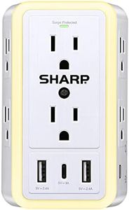 Sharp USB Wall Charger, Surge Protector, Outlet Extender with 6 Wide Spaced Outlets, Fast Charge, 2 USB-A and 1 USB Type-C, Smart AutoSense Nightlight, White