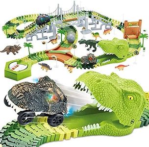 Mini Tudou 174 Pièces Jouets Dinosaures La Piste de Course,Flexible Voies Ferrées avec 8 Figurines de Dinosaures,2 Voitures de Course électriques avec Lumières,Dinosaures Jouets pour Les Enfants