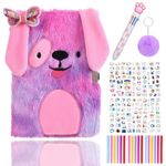 1 Set (12 Pcs) Secret Diary for Girls, Diary With Lock for Girls, Plush Furry Girls Diary Cartoon Dog Secret Diary, Stickers, Ballpoint Pen, Pompoms Keychain Gifts for Girls Students