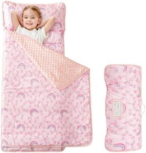 Viviland Toddler Kid Nap Mat for Preschool, Girls Pink Rainbow Slumber Bag, Daycare Sleeping Bag with Pillow and Blanket, Kindergarten Sleep Mat