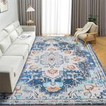 XSIVOD 90x150cm Vintage Area Rugs for Living Room, Distressed Traditional Floor Carpet for Bedroom Entryway Hallway Kitchen Laundry, Non-slip Luxury Thickened Bedside Throw Rug Washable, Teal Blue