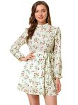 Allegra K Women's Ruffled Trim Stand Collar Belted Vintage Daisy Floral Dress, White Red, X-Large