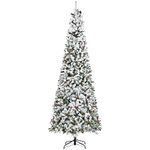 HOMCOM 9 FT Pencil Snow Flocked Artificial Christmas Tree with Pine Realistic Branches, Pine Cones, Red Berries, Auto Open, Green