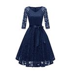 AMhomely Women Dresses Sale Clearance Ladies Vintage Temperament V-Neck Lace Sexy Long-Sleeved Lace Dress Party Elegant Dresses UK Size S-5XL Navy