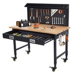 Workbench Adjustable Height 28-39.5" Work Bench for Garage Oak Plank & Carbon Steel Heavy Duty Workbench 2000lbs Weight Capacity Bench top Size 48x24 Hardwood Workbench 3m Cable 30 Hooks