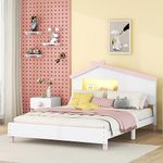 Merax Kids House Beds with Led Headboard Full Size, Fun Wood Low Bed Frame for Boys,Girls, No Box Spring Need (Full, White+Pink)