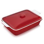 vancasso Blossom Glaze Casserole Dish with Lid, Stoneware Heritage Covered Rectangular Casserole, 2.8 Quart Ceramic Casserole Pan for Bakeware Oven, Red