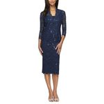 Alex Evenings Women's T-Length All Over Lace Dress with Jacket Set, Navy, 16