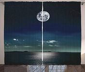 Ambesonne Ocean Curtains, Full Moon Reflected in The Sea Moon Rays Surface Starry Sky Night Scenic View Print, Living Room Bedroom Window Drapes 2 Panel Set, 108" X 90", Black Navy