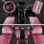 carXS Leopard Print Car Seat Covers Full Set, Includes Matching Seat Belt Pads and Steering Wheel Cover, Two-Tone Cheetah Hot Pink Seat Covers for Women, Car Seat Protector Interior Covers