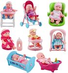 deAO Set of 8 Mini 5" Baby Dolls with Accessories Including Stroller, Bathtub, Crib, High Chair, Walker and Much More!