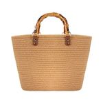 MengH-SHOP Tote Bag Summer Beach Bag Retro Handwoven Handbag with Imitation Bamboo Top Handle for Travel Beach Vacation, Khaki