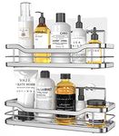 HOMEASY Shower Caddy, Shower Shelf Adhesive Bathroom Shelves Wall Mounted with 4 Movable Hooks for Hanging Razor and Towels Bathroom Accessories Organiser Storage Kitchen Rack No Drilling - 2 Pack