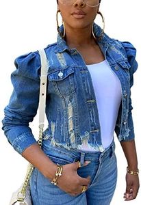 Omoone Women's Ripped Puff Sleeve Denim Crop Top Long-Sleeve Cropped Jean Jacket(1676-DarkBlue-S)