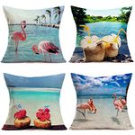 Asminifor 4Pack Summer Tropical Hawaiian Beach Style Throw Pillow Covers Cute Flamingo Birds Coconut Juice Coastal Ocean Cotton Linen Pillowcase Cushion Cover for Outdoor Chair 18”x18” (ST-Flamingo)