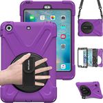 BRAECN for iPad Mini Case,iPad Mini 2 360 Degree[Heavy Duty] Swivel Stand/Hand Strap and a Shoulder Strap Case,iPad Mini 3[Shock Proof] Rugged Hybrid Protective with Kickstand Case (Purple)