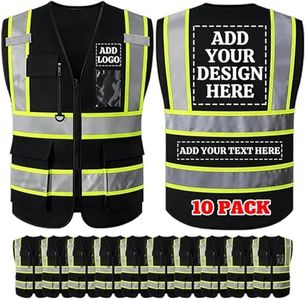 Custom Safety Vest with Logo, Hi-Vis Reflective Work Vest with Pockets, Design Your Personalized Protective Workwear (Black-10 Pack, 5XL)