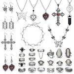 JeryWe 33PCS Grunge Gothic Jewellery Set for Women Teen Vintage Necklace Earrings Fairy Butterfly Boho Cross Pendent Heart Choker Goth Stackable Knuckle Rings Adjustable Punk Y2k Accessories