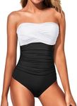 Yonique Womens Strapless One Piece Swimsuit Tummy Control Bandeau Bathing Suits Slimming Twist Front Swimwear, White & Black, Medium