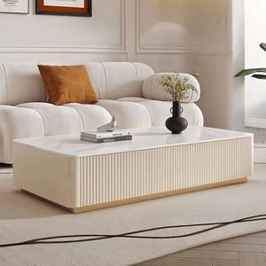 51.18'' Modern Coffee Table for Living Room, Rectangle Living Room Table with 4 Large Drawers, Large Coffee Table with Sintered Stone Tabletop, Gold Stainless Steel Base, Center Table for Home Office
