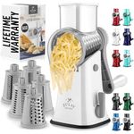 Zulay Rotary Cheese Grater 5 Blade Cheese Shredder - Manual Hand Crank Cheese Grater With Reinforced Suction & 5 Interchangeable Drums - Easy to Use Vegetable Chopper - Frosted White