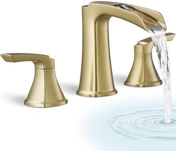 HOIGY Brass Waterfall Tub Faucet, 3 Hole Brushed Gold Bathtub Faucet Set, 6-16 Inch Widespread Deck Mount with 2 Handle & cUPC Supply Water Hoses for Roman Style, 20 Mins Quick Installation