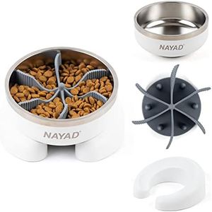 Stainless Steel Dog Bowls with Slow Feeder Raised Dog Food and Water Bowl for Small,Medium and Large Breed Dogs, Neck Protective and No Spill Metal Pet Bowl, 32 oz, White