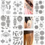 9 Sheets Black Henna Temporary Tattoos For Women Girls Adults, Waterproof Feather Mandala Flower Fake Body Art Arm Sketch Tattoo Stickers