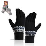 REFFER Women Wool gloves cute Snowflake Pattern Knitted (warm fur inside) stretchy windproof touchscreen finger winter gloves for women girls (Black)