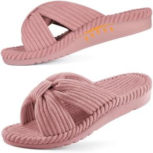 Litfun Orthopedic Arch Support Slippers for Women Comfortable Open Toe Indoor House Slippers Corduroy Cross Bow Bedroom Shoes for Plantar Fasciitis, Hot Pink 36