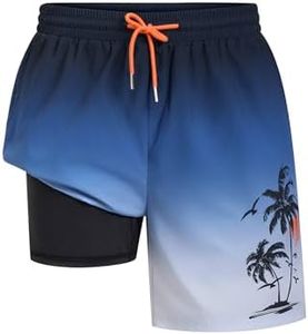 Short Swim Trunks Men Hawaii Swimwear Beach Shorts, Adjustable Drawstring Mens Board Shorts Swimming Trunks with Pockets and Lliner, Quick Dry Swimtrunks Tropical Summer Vacation Gradient Blue L