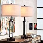 LOKHOM Farmhouse Table Lamps Set of 2 with USB, Rustic Table Lamp with Double Lights, Nightstand Lamp for Bedroom Living Room Study Office Foyer (Chain Switch Beige Shade)