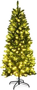 Costway 1.5m/5ft Pre-lit Pencil Christmas Tree,Artificial Hinged Fir Christmas Tree with PVC Tips and SAA certificated LED Lights, Christmas Drcoration with Sturdy Iron Stand, Easy Set-up