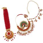 THE OPAL FACTORY TOF Gold Plated Combo Jewellery of Traditional Rajasthani Peacock Nathiya with Pearls Chain and Tikka in Kundan Multicolour for Women and Girls (Red)