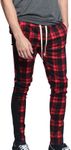 Men's Plaid Checkered Tartan Outer Side Stripe Inseam Ankle Zipper Drawstring Premium Track Pants TR537 - Red - Large - JJ5E