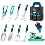 Garden Tool Set 11 Pcs, Heavy Duty Aluminium Alloy Tools with Non-Slip Ergonomic Handle, Large Gardening Mat, Durable Storage Tote Bag, Gardening Hand Tools (Blue)