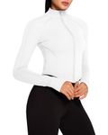 QUEENIEKE Women's Workout Jackets Lightweight Zip Up Slim-Fit Gym Track Athletic Cropped BBL Running Jacket with Thumb Holes (White, M)