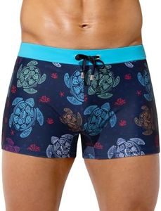 Casey Kevin Men's Swim Briefs Square Leg Printed Swimming Trunks Quick Dry Drawstring Bathing Suit Board Short for Beach,Sea Turtle,XX-Large