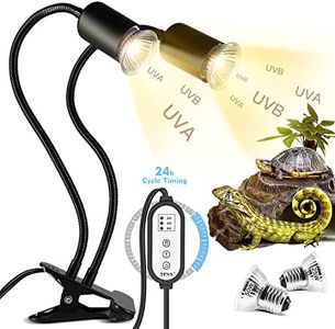 Reptile Heat Lamp, Double-Head Heat Lamp with Clamp, UVA UVB Reptile Light with Intelligent Cycle Timer for Turtle, Bearded Dragon, Lizard and More, 2 Bulbs 25W+50W