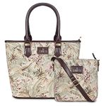 THE CLOWNFISH Combo Of Linda Sling for Women Crossbody Bag for College Girls Justina Tapestry Fabric & Faux Leather Handbag for Women (Beige)