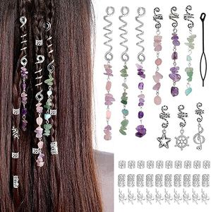 40Pcs Hair Jewelry for Braids, hoyuwak Natural Colored Crystal Stone Hair Braid Accessories Metal Hair Charms Silver Loc Dreadlock Hair Spirals Cuffs Rings for Women Girls Hairstyle Decoration