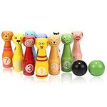 Jacootoys Wooden Bowling Set Skittles Toys with 10 Animal Pins 2 Balls Educational Toy Gift for Kids 2 3 4 5 Years and Up