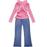 Peacolate 5-10Years Little Big Girls 2pcs Clothing Set Pink Stripe T Shirt and Blue Butterfly Embroidered Bootcut Jeans(Pink,7-8Years)